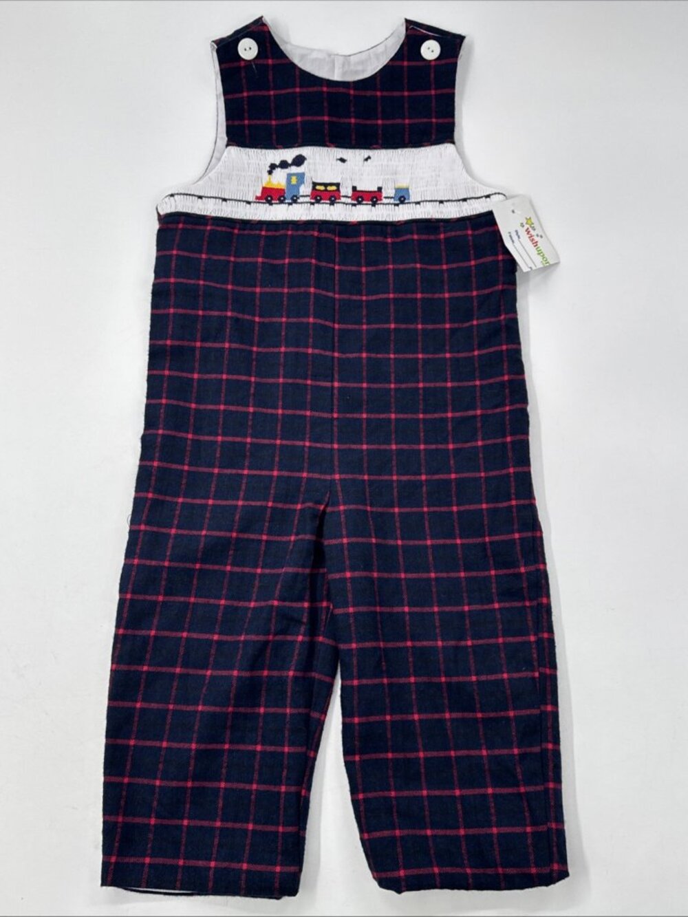 Wish Upon a Star Shortall Boys Size 4 Train Plaid Smocked Embroidered NEW